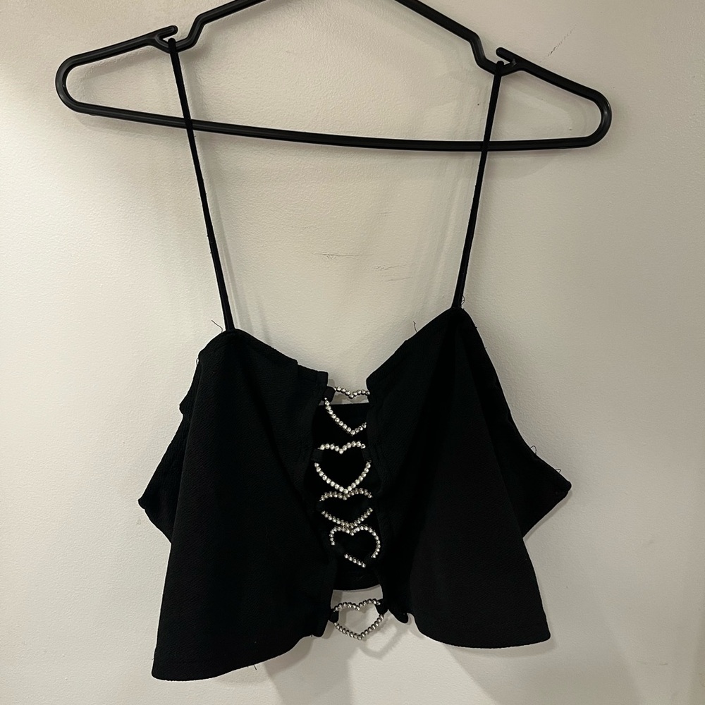 Black Tank Top with Rhinestone Hearts